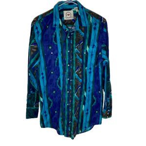 VTG WMG Western Abstract Mens Blue Pearl Snap 43 x 33 Long Sleeve Embroidered